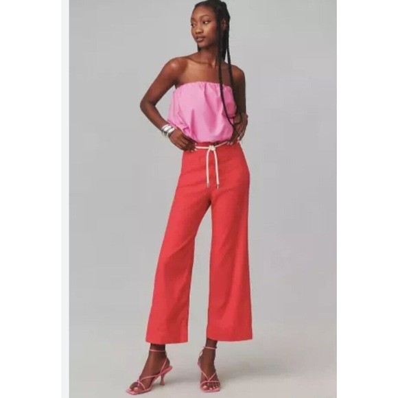 NWT Anthropologie The Colette Cropped Wide-Leg Linen Pants Sz 30 Raspberry 7F480
